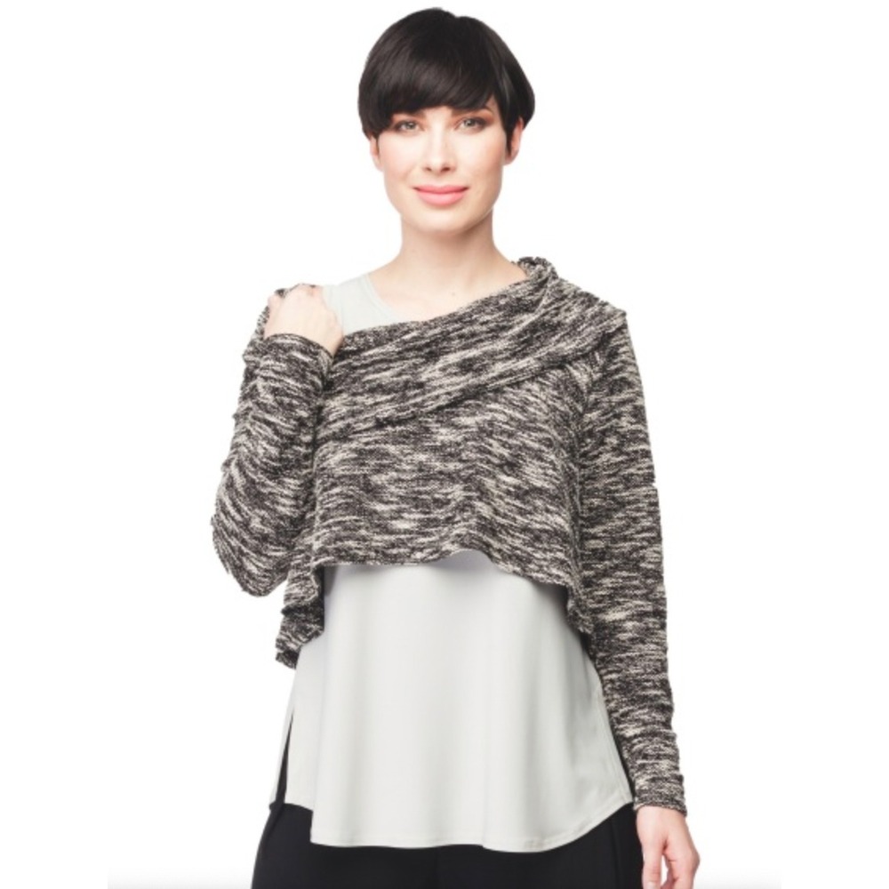 SYMPLI Crop Sweater Size 8 Black White‎ Heather Cowl Neck Long Sleeve Layering